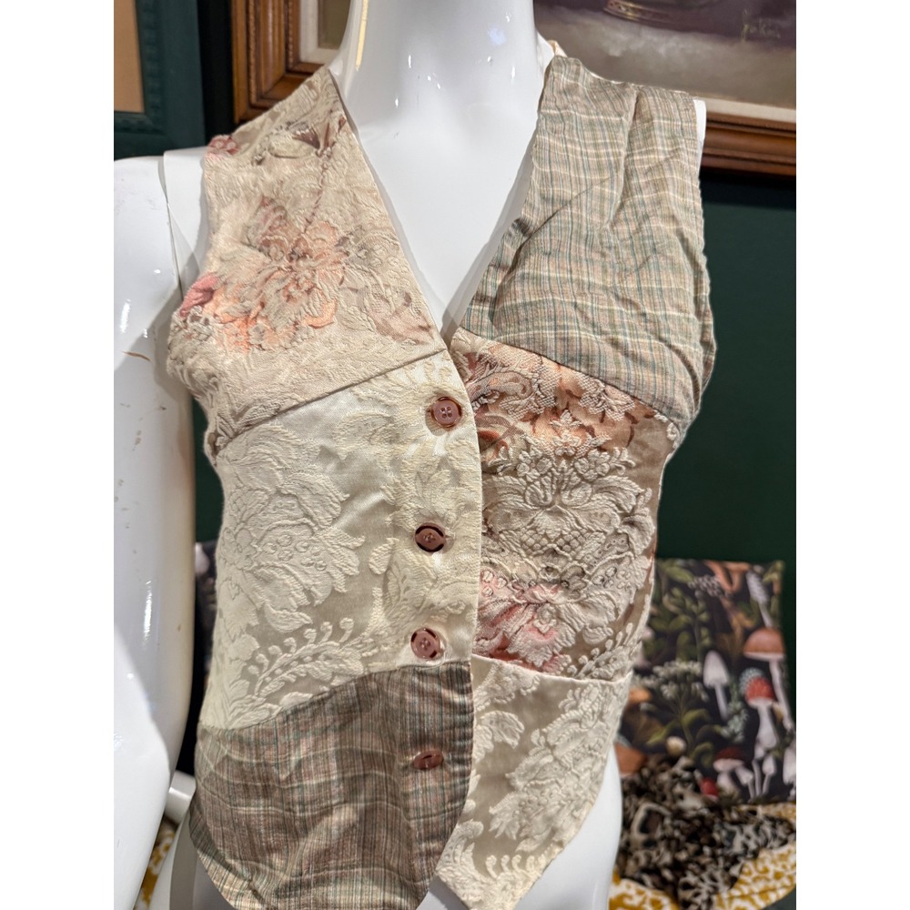Vintage Mirrors Patchwork Floral Brocade Plaid Vest Tan Cream Medium Made in USA